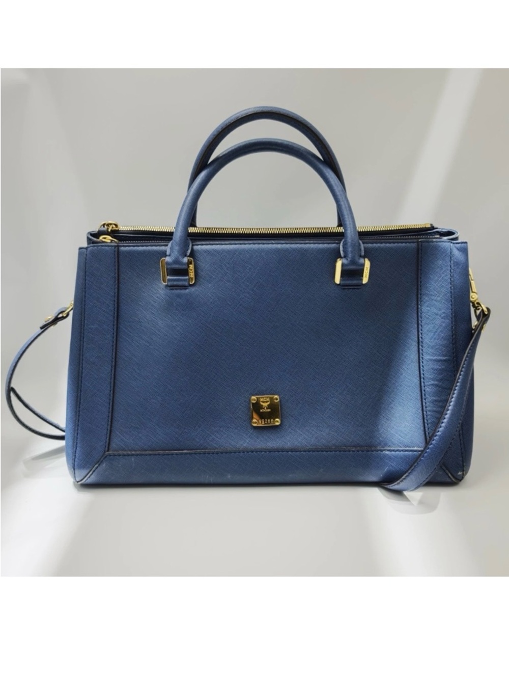 MCM Blue Leather Structured Top-Handle Satchel with Gold Hardware - Picture 2 of 10